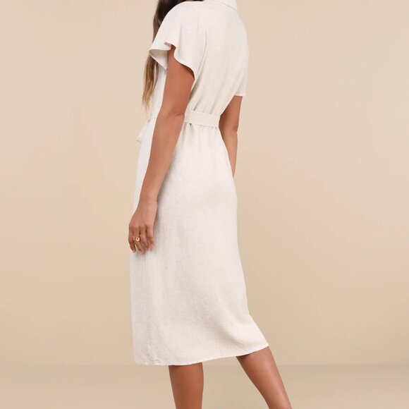 Lulus Italian Summer Beige Linen Midi Dress - Size M - Picture 4 of 8